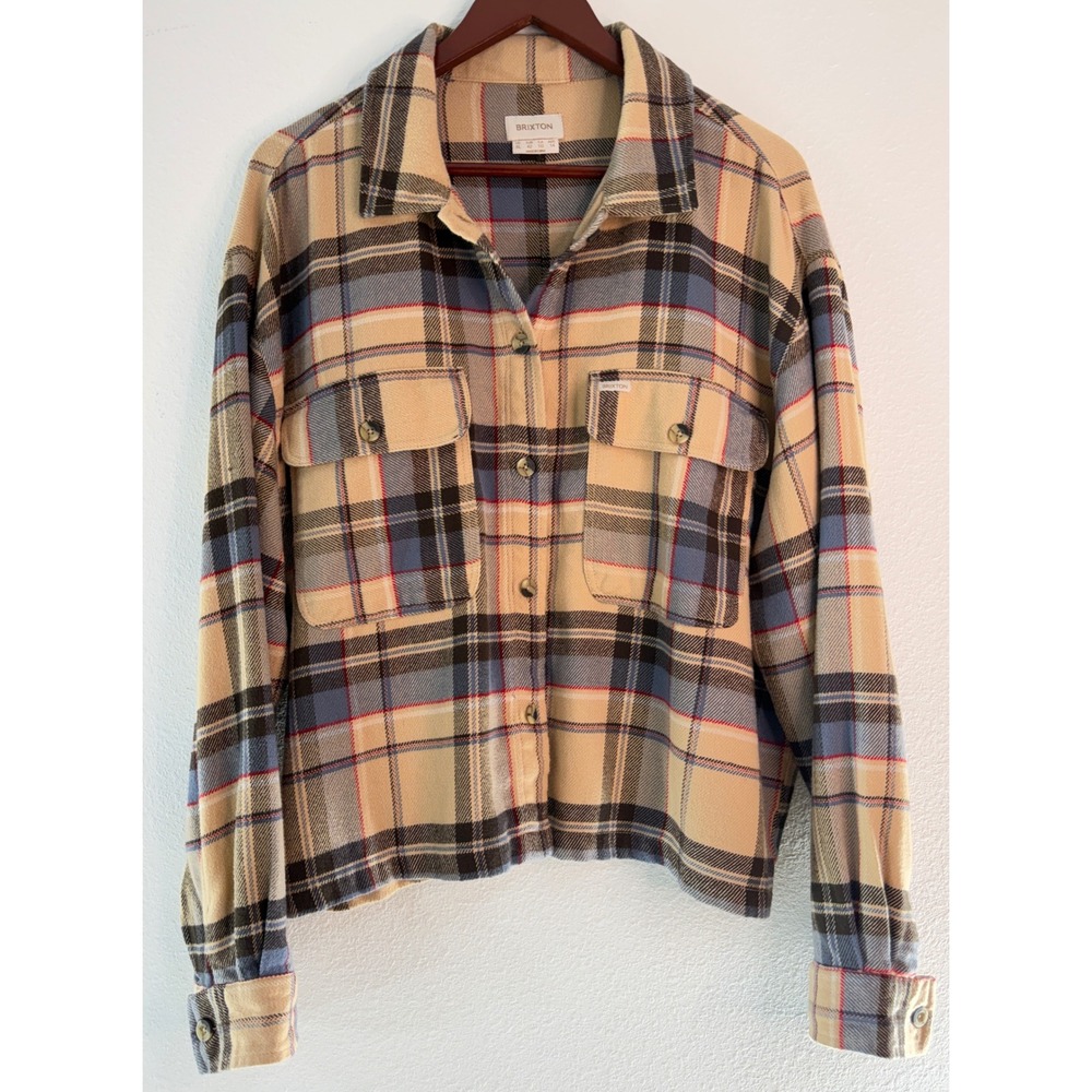 Brixton Bowery Plaid Flannel Shirt Oversized Tan Blue Cropped Boxy Shacket XL